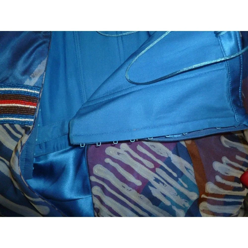 Carmen Marc Valvo Blue Strapless Dress Beaded Silk Summer 8